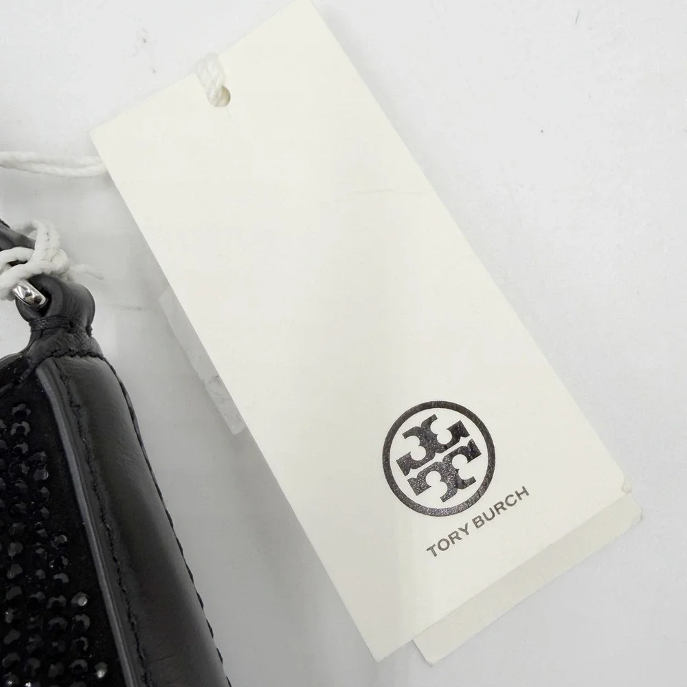 Tory Burch Emerson Crystal Embellished Shoulder Bag Black Leather Rhinestone